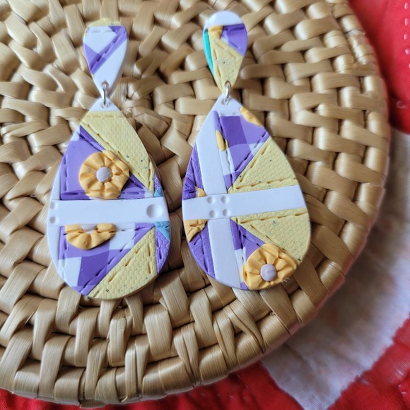 Patchwork Quilt Earrings Polymer Clay Teardrop - Picture 2 of 4